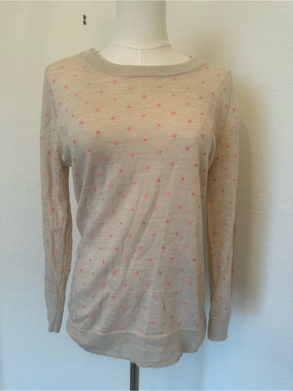 J. Crew Sweater Top Crewneck Pullover Layering Pink Polka Dot 100% Wool Size M